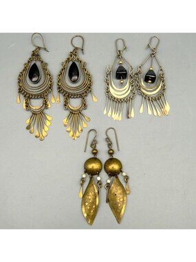 Vintage Brass Tone Long Teardrop Fringe Tassel Earrings Lot of 3 Boho Festival